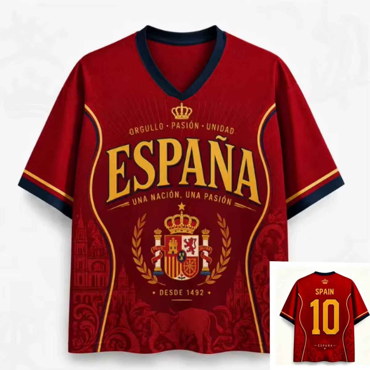 T-shirt de football rétro à manches courtes col en V imprimé 3D surdimensionné Espagne Taureau N°10
