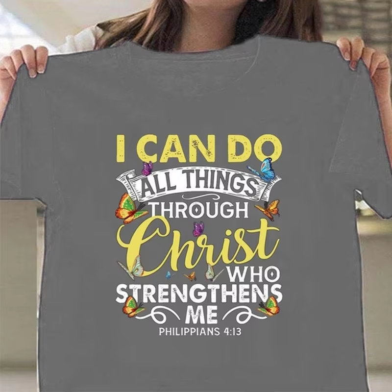 T-shirt manches courtes col rond femme, imprimé I Can Do All Thing Through Christ