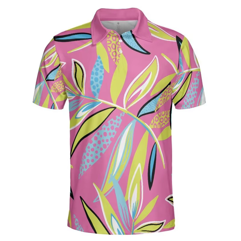 Polo en fleurs de cerisier roses pour hommes, T-shirt d'extérieur décontracté avec imprimé de plante