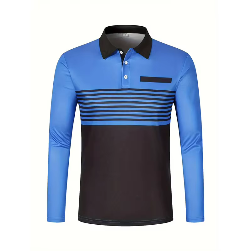 Polo à manches longues pour homme, color block, rayé, avec patte de boutonnage, décontracté, respira