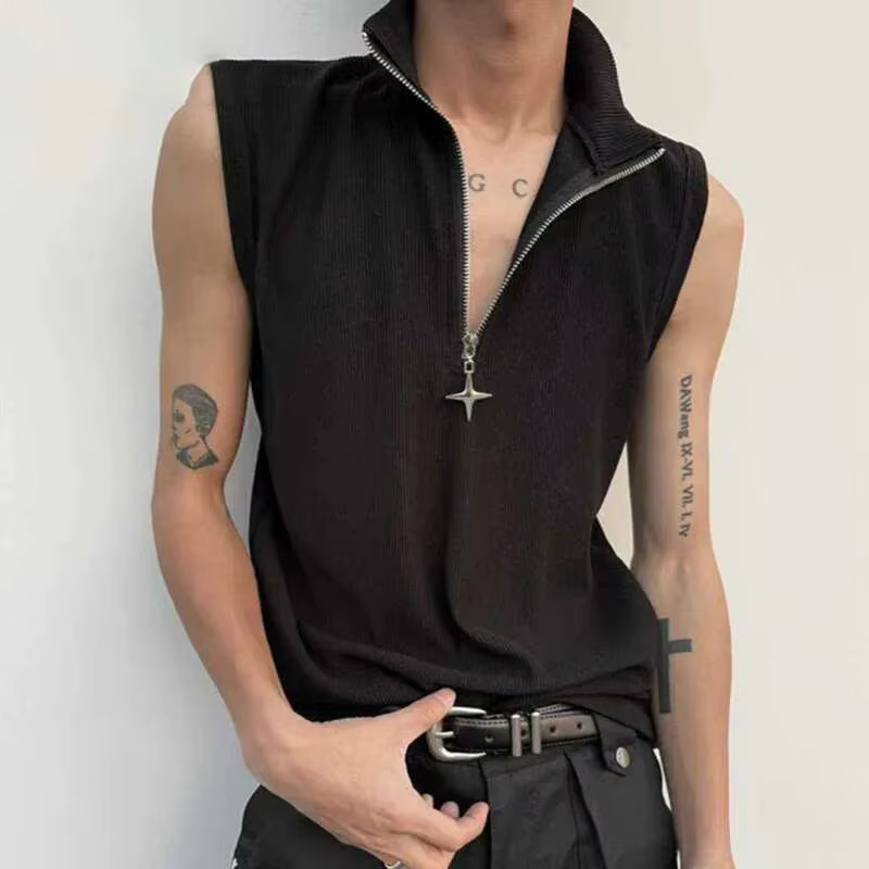 LUZHEN couleur unie fermeture éclair décorer T-shirts sans manches hommes 2025 été Original Streetwe