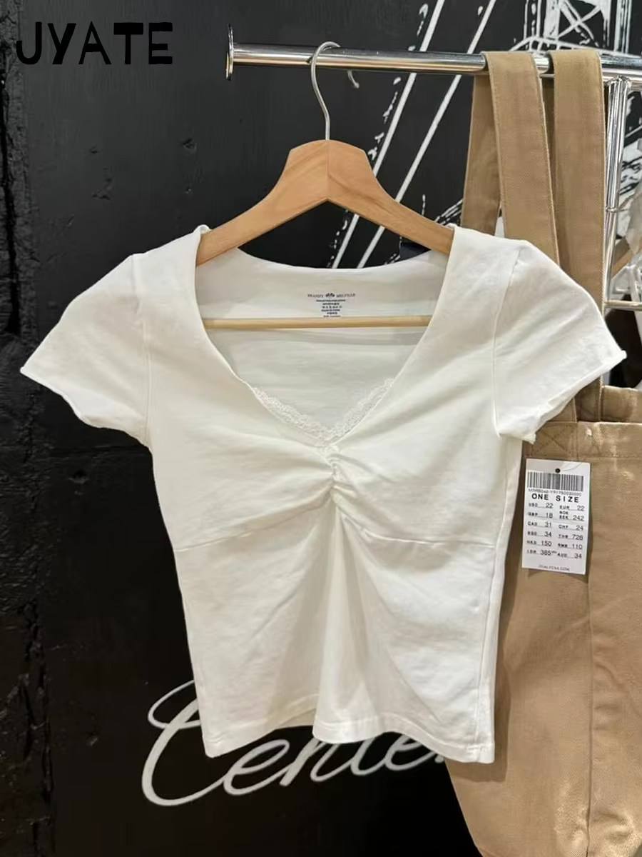 T-shirts courts blancs à nœud en dentelle pour femmes, nouvelle collection été, en coton, col en V, 