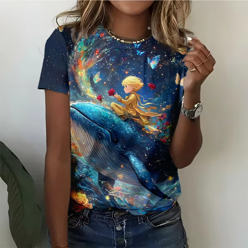 T-shirt manches courtes col rond femme, ample, imprimé en 3D, Fruits colorés, baleine ciel étoilé, é