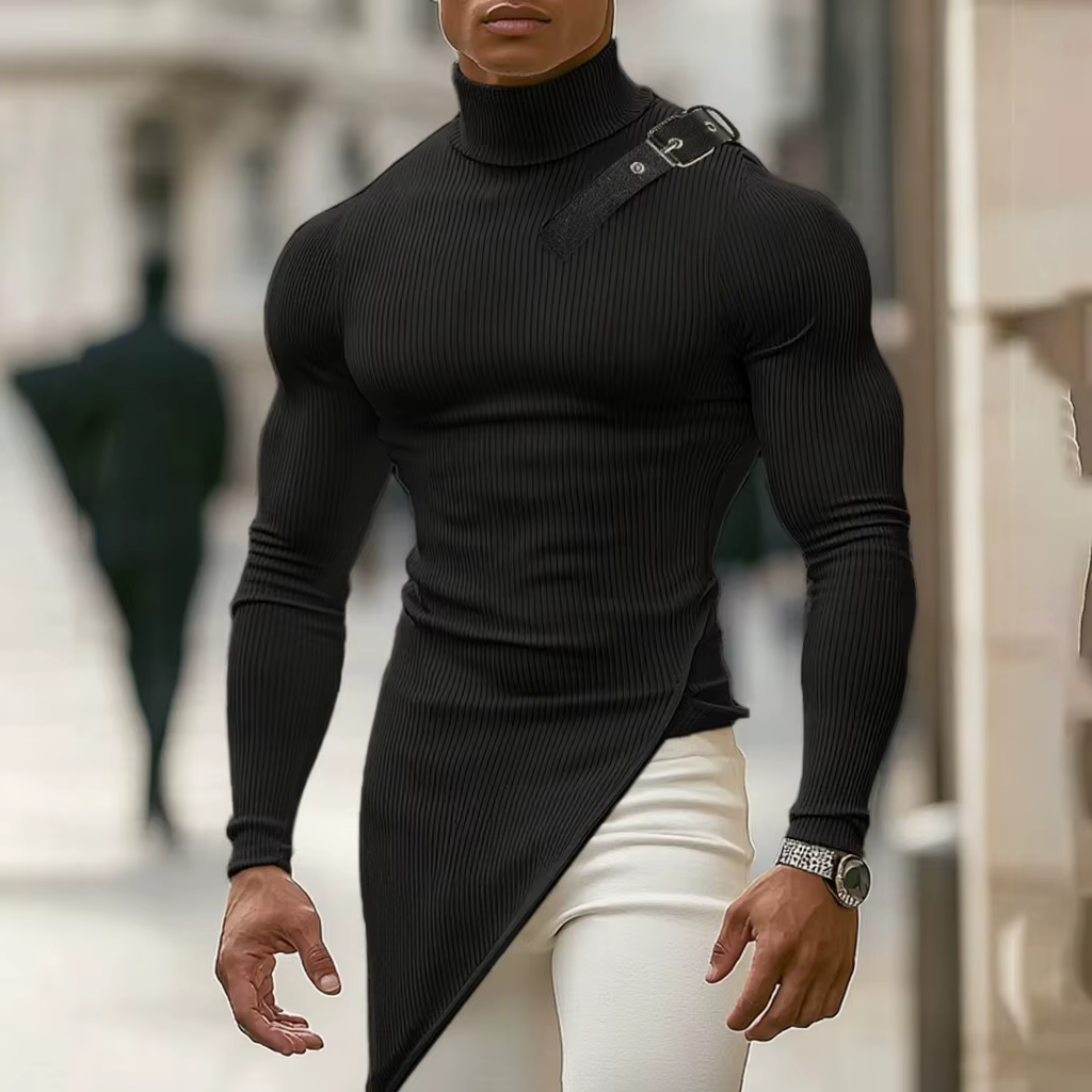 Mode solide fosse rayure T-shirt hommes col montant à manches longues conception irrégulière pull co