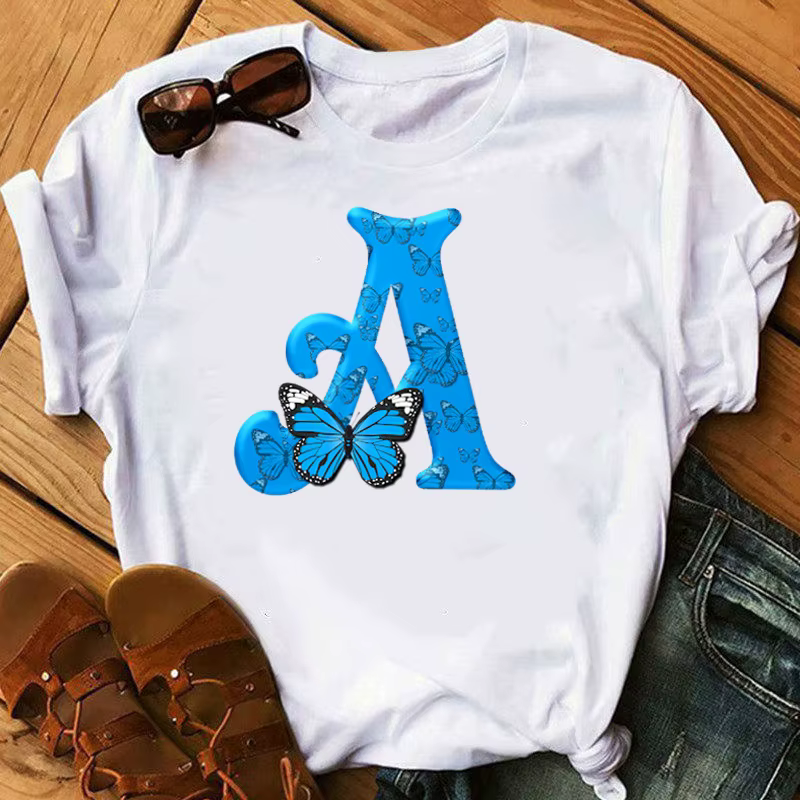26 lettres anglaises papillon imprimé T-shirt à manches courtes femmes surdimensionné T-shirt hauts