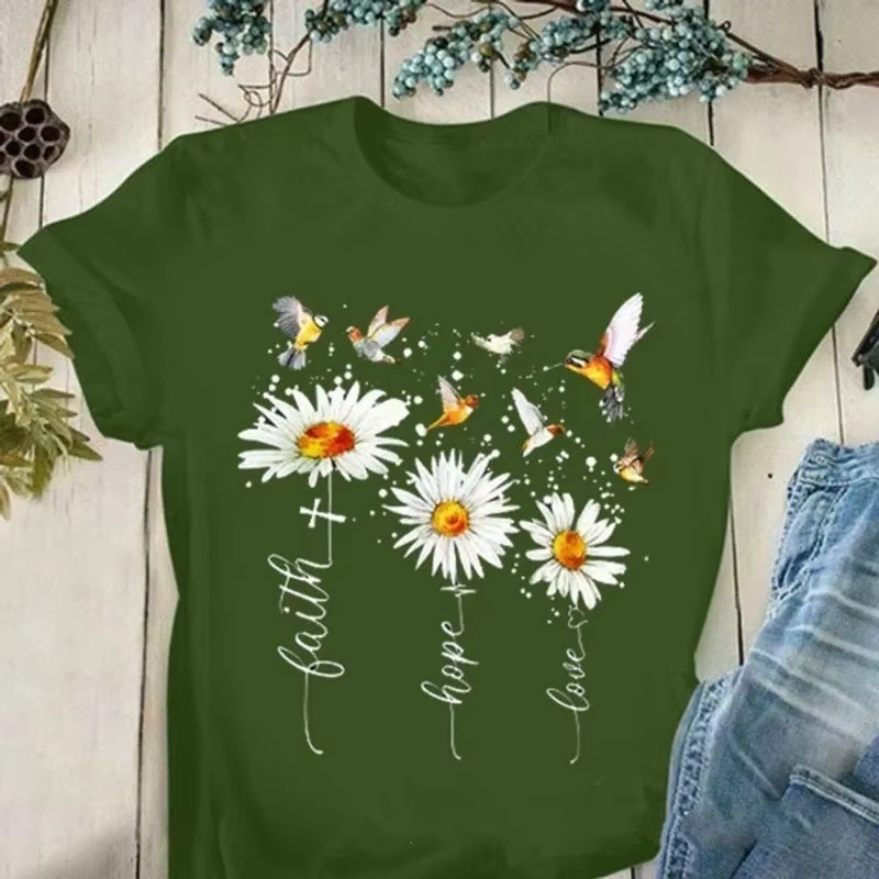 T-shirt manches courtes col rond femme, estival et estival, avec Faith Manucure Love Destroy AndrPri