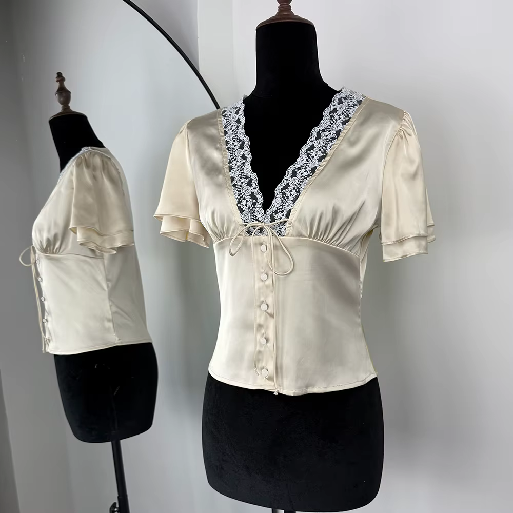 Tuularose élégant dentelle T-Shirt femme Sexy col en v dentelle Patchwork à lacets haut court été mo