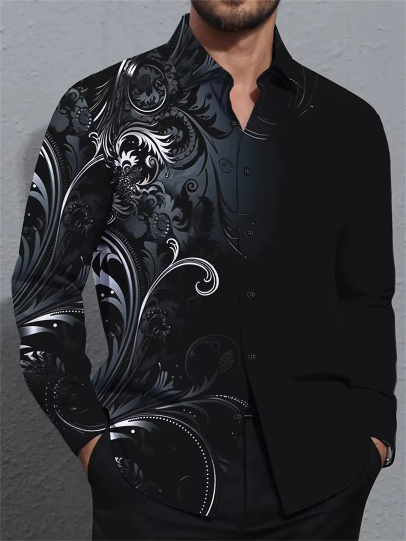 Chemise en lin pour hommes, imprimé floral, revers, rue extérieure, manches longues, streetwear à la
