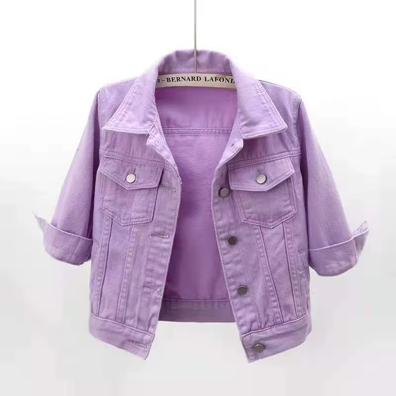 Femmes Denim veste printemps automne manteau court rose Jean vestes décontracté hauts violet jaune v