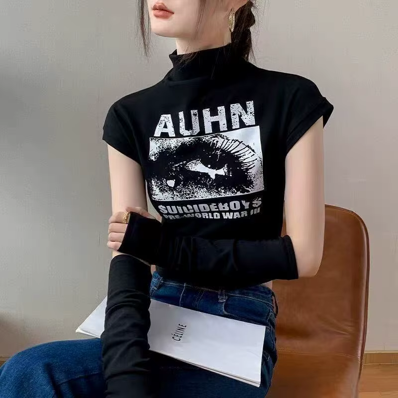 T-shirt à manches détachables pour femmes, vêtements d'automne à col demi-carré, Design à panneaux, 