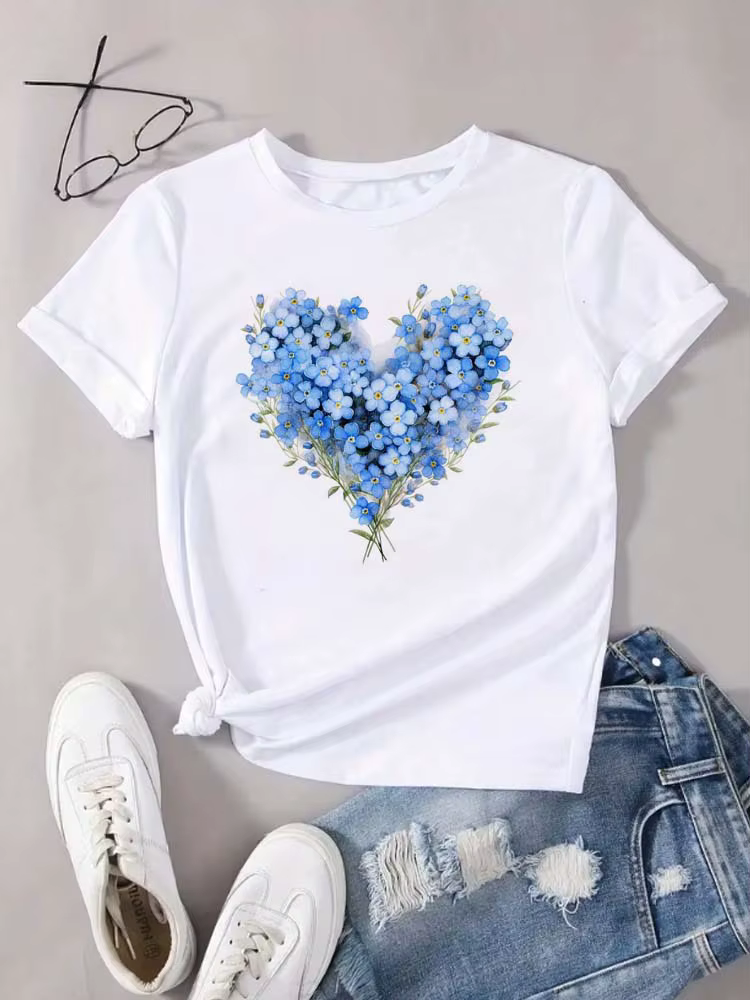 T-shirt pour femme à motif floral en forme de cœur, vêtements d'été pour femme, col rond, manches co