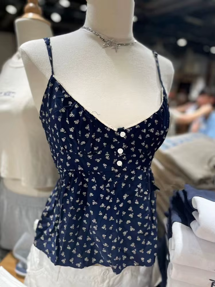 Haut court à volants en coton à col en V pour femmes, gilets vintage féminins, imprimé floral, bouto
