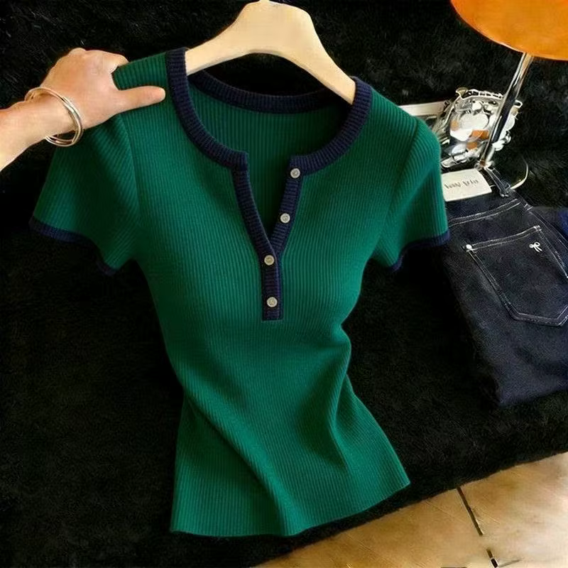 Pull en tricot pour femme, nouveau modèle d'été, coupe ajustée, manches courtes, col rond, Q3756