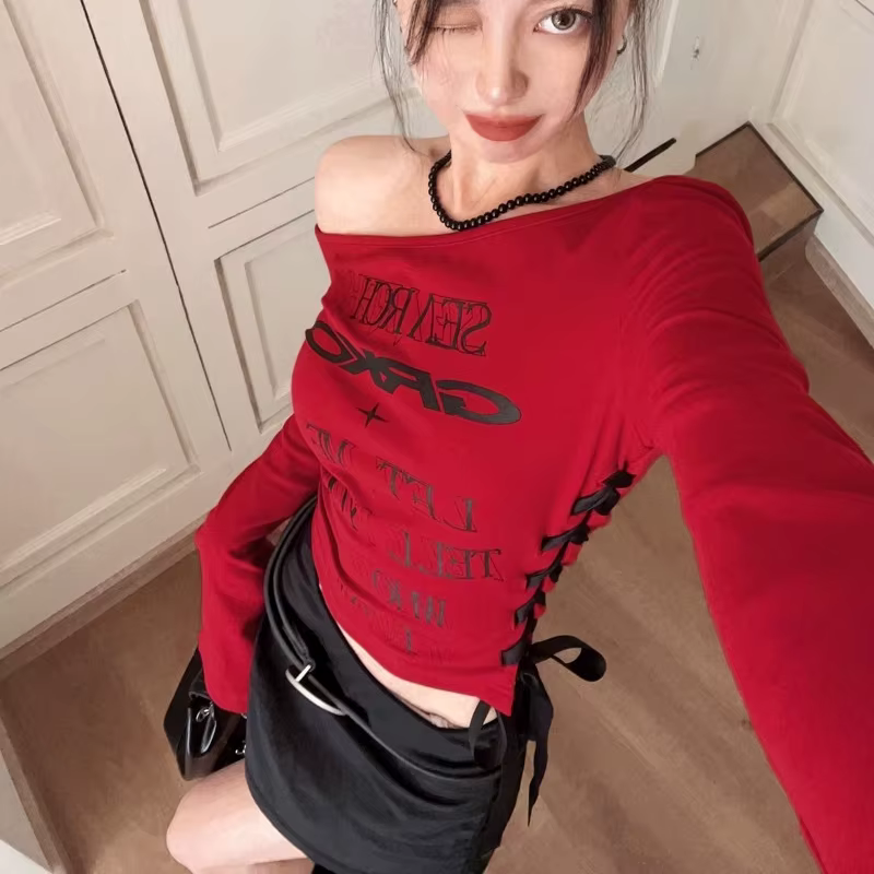 T-Shirts femmes épaule Oblique à lacets conception coupe ajustée tout-match doux Sexy filles mode co