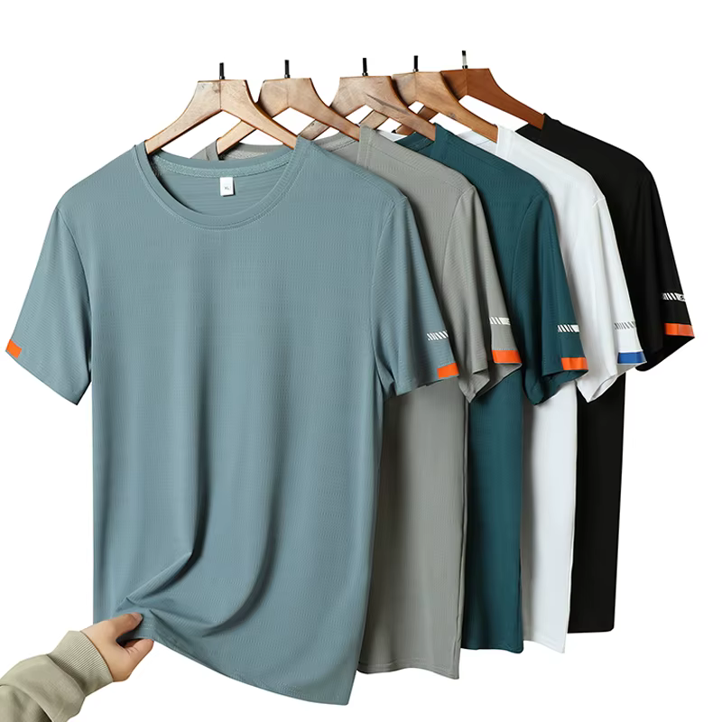 T-shirt d'été en soie glacée pour hommes, sweat-shirt col rond, Simple, costume de course, Fitness, 