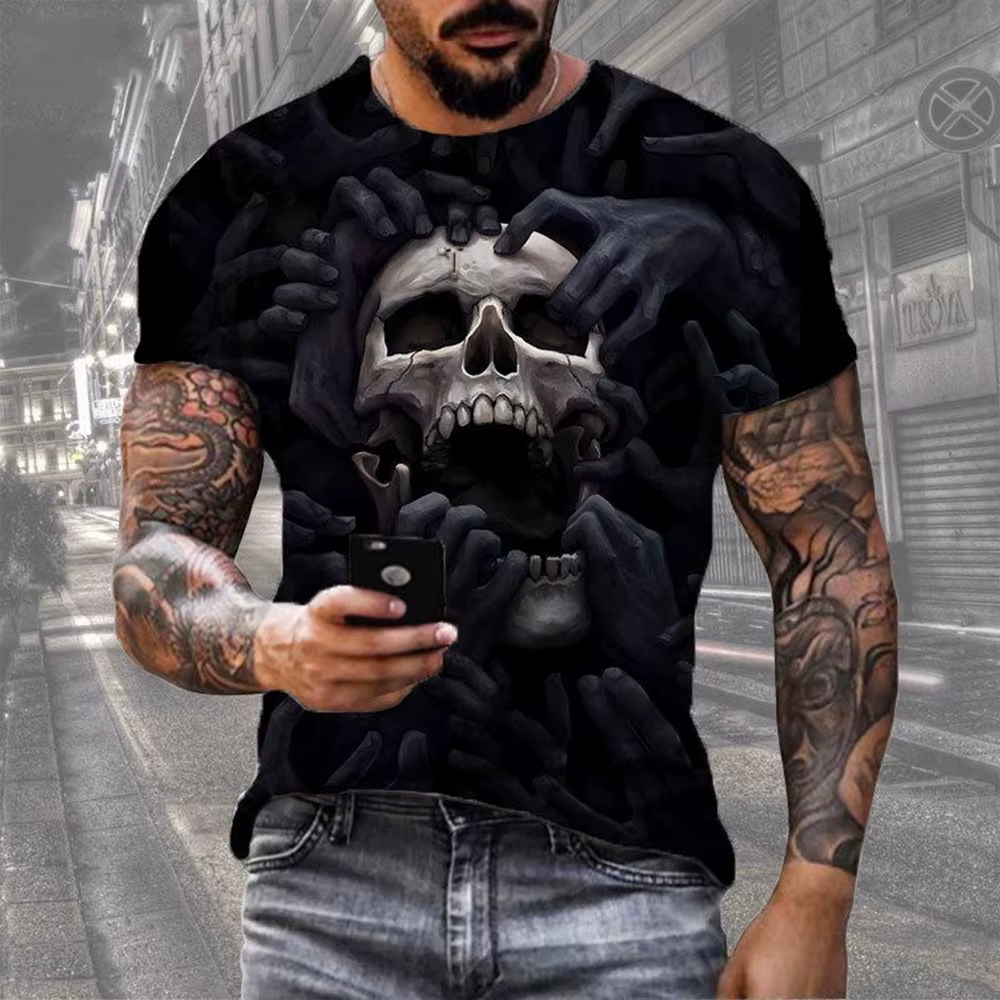 T-shirt imprimé tête de mort 3D rétro, hip hop, personnalité, super cool, horreur, décontracté, mode