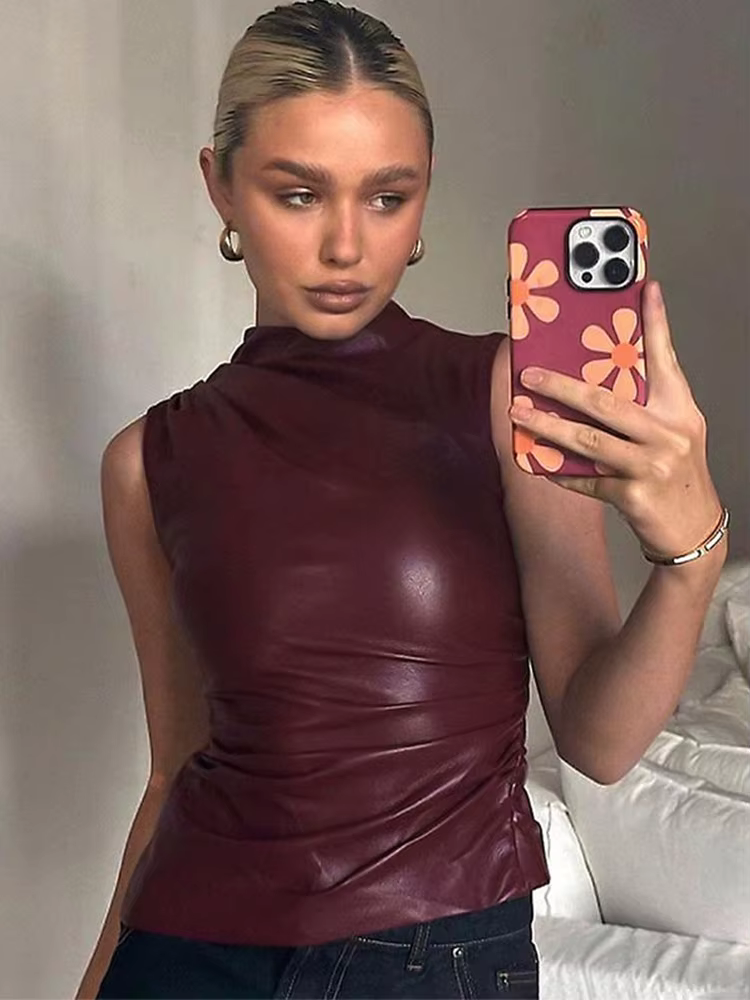 Débardeur Vintage Pu Simple pour femmes, Y2K, basique, taille haute, slim, coupe Shrunk, hauts sans 