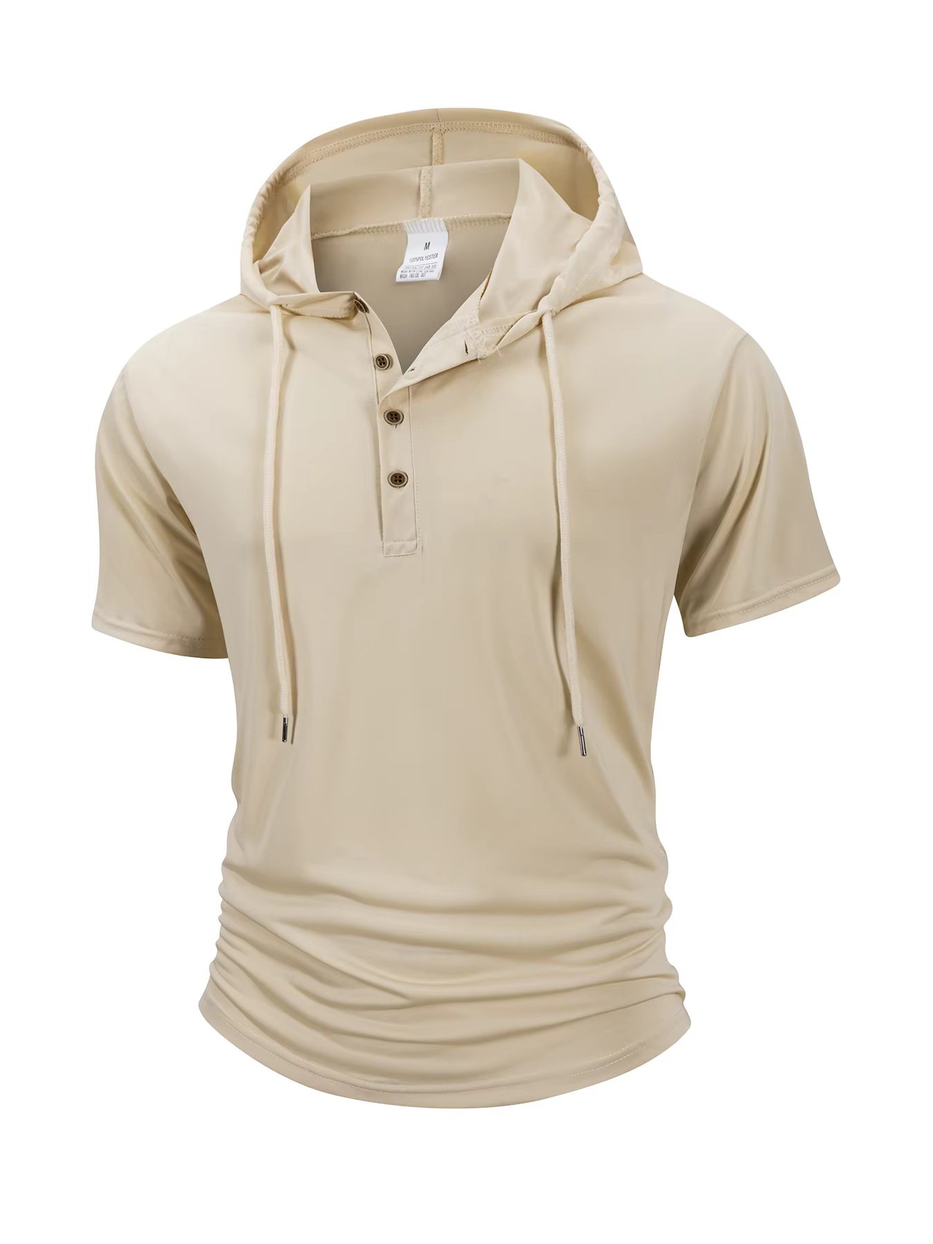 T-shirt à capuche pour homme, col Henley, cordon de serrage, manches courtes, coupe slim, décontract