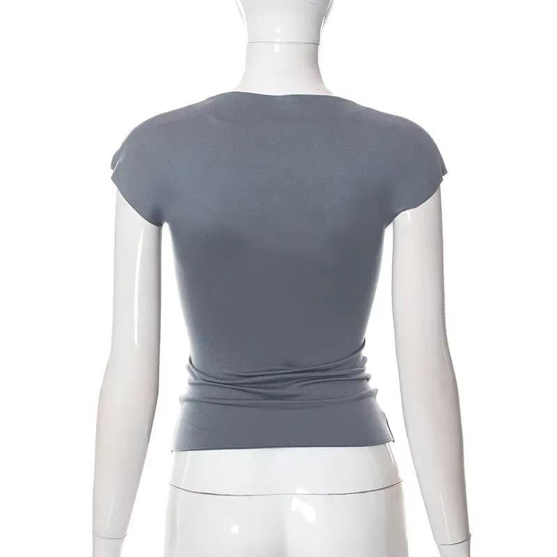Sexy Wrap poitrine évider col roulé mince t-shirt femmes manches courtes chemise à bascule dames t-s