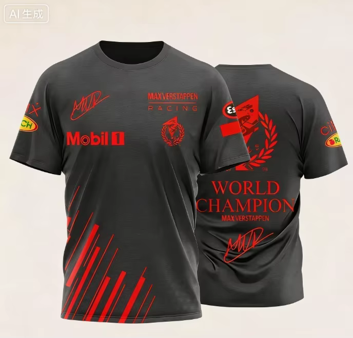 T-shirt avec la signature du champion du monde et les logos de l'événement, vêtement décontracté con