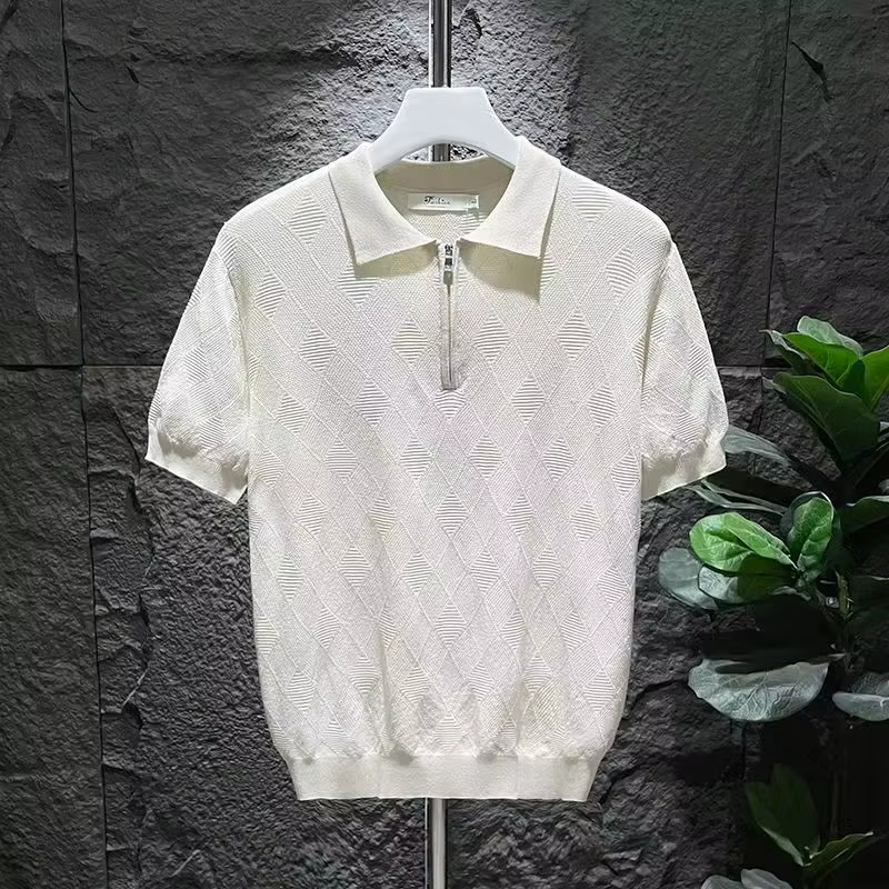 Polo à motif géométrique pour hommes, t-shirts Jacquard, chemises décontractées, monochromatique, t-