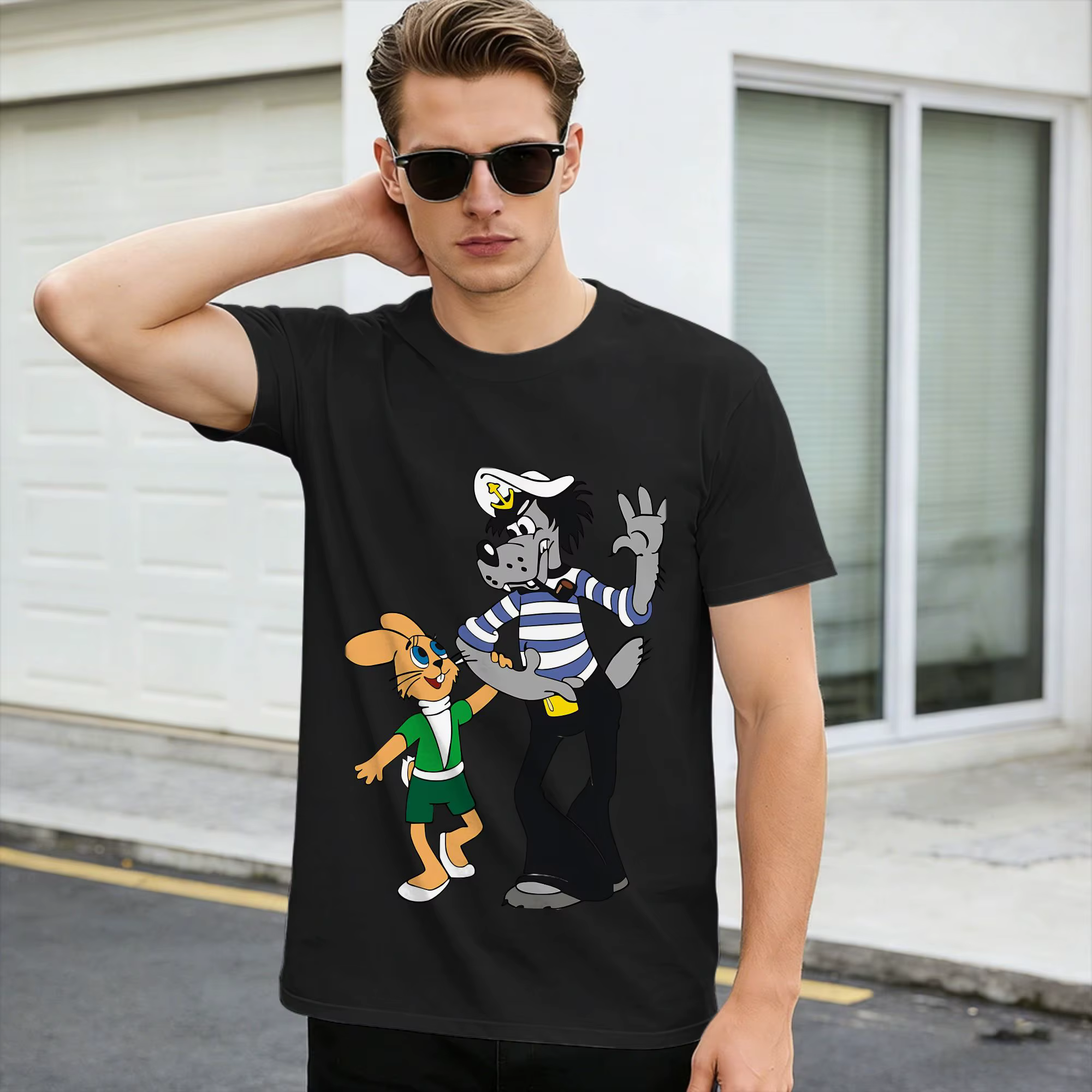 T-shirt d'été en coton pour hommes, motif Nu Pogodi, dessin animé russe, à manches courtes, Y2K, hau