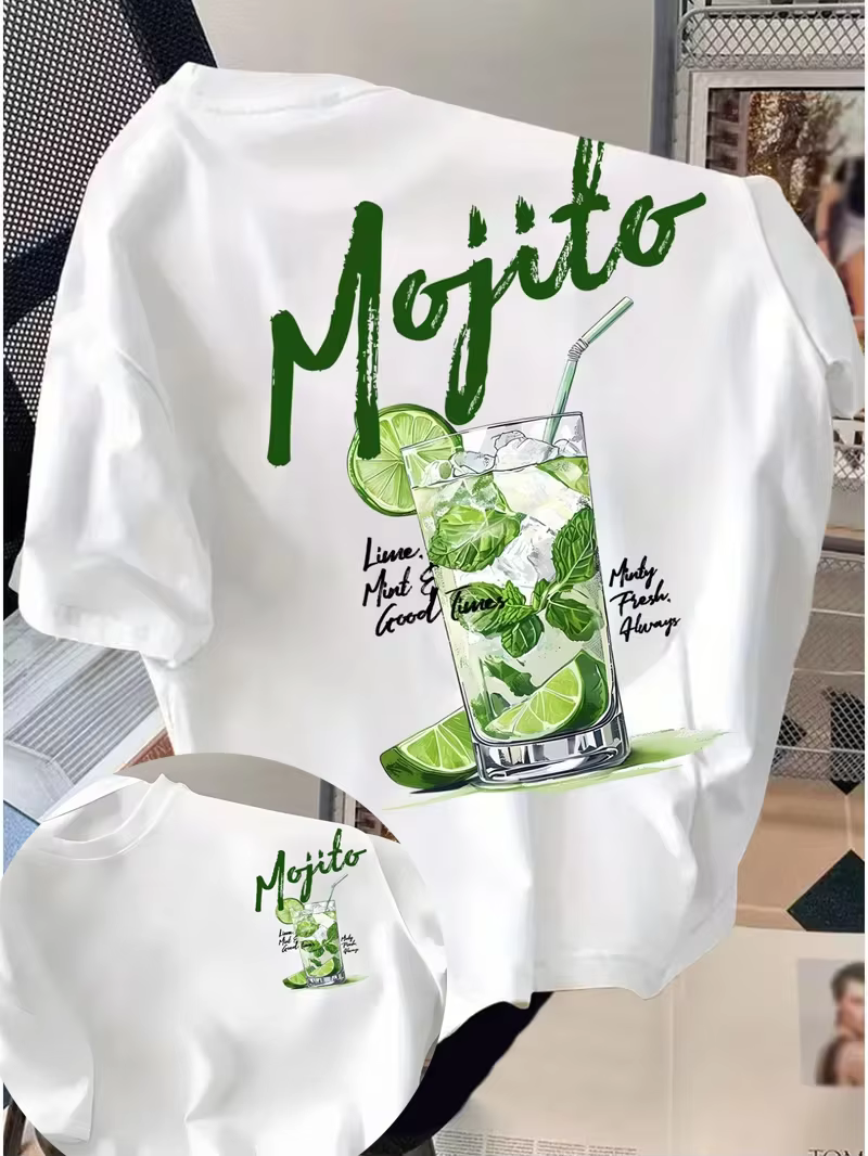 T-shirt graphique Mojito Cocktail, haut décontracté à col rond et manches courtes, imprimé rétro lim