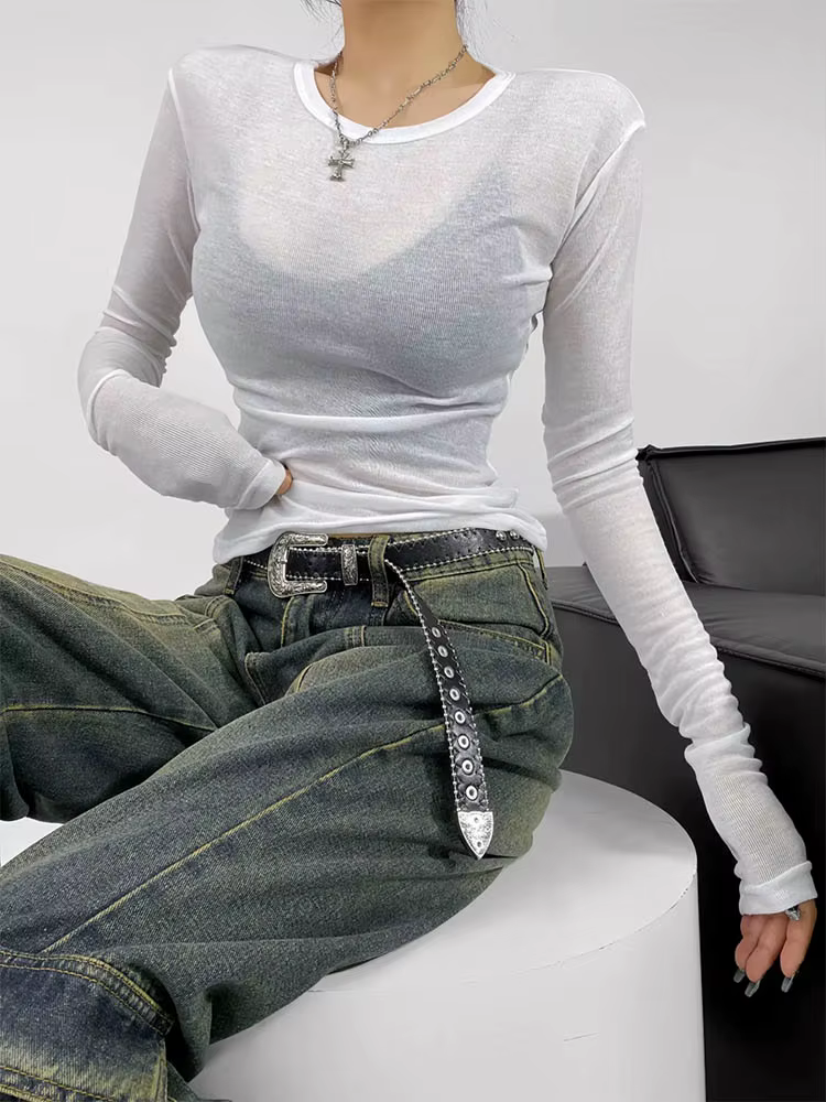 T-shirt semi-transparent à manches longues et col rond pour femme