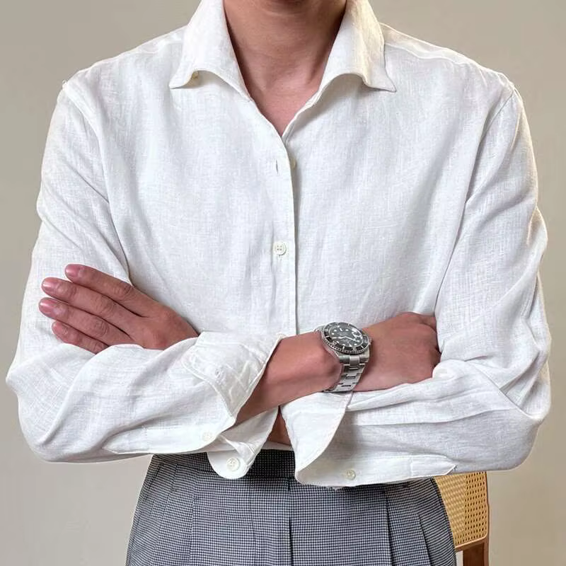 Chemise à manches longues en lin pour hommes, col italien, chemise d'affaires décontractée, robe soc