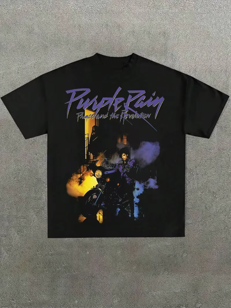 T-shirt à manches courtes imprimé style streetwear pour homme, motif Prince Purple Rain, noir, en co