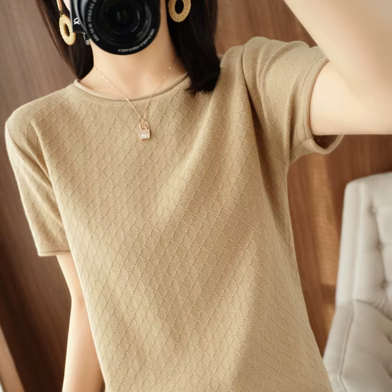 T-shirt femme printemps/été 100% coton pull à manches courtes décontracté roulé col rond dames hauts