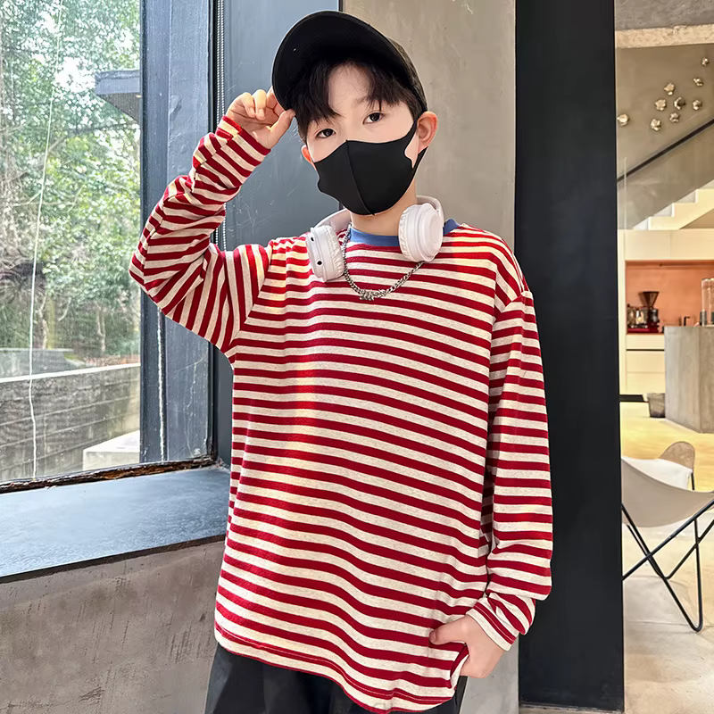 T-shirt à manches longues pour enfants, décontracté, rayé rouge et blanc, à la mode, en coton, tenue
