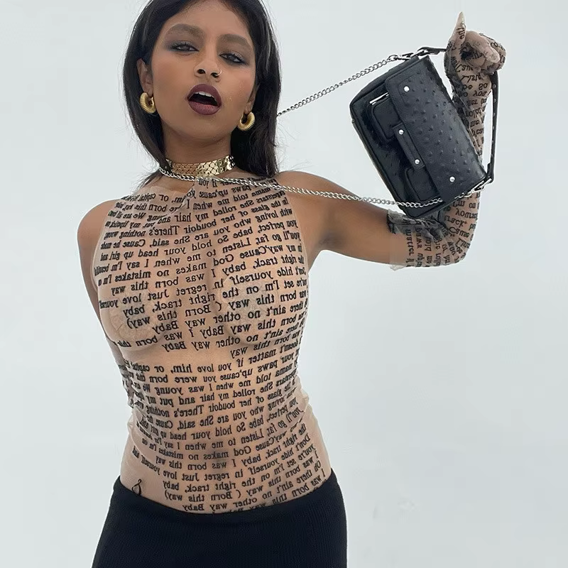 AHAgaga Sexy T-shirt femmes 2022 hiver décontracté lettre imprimer maigre voir à travers avec des ga