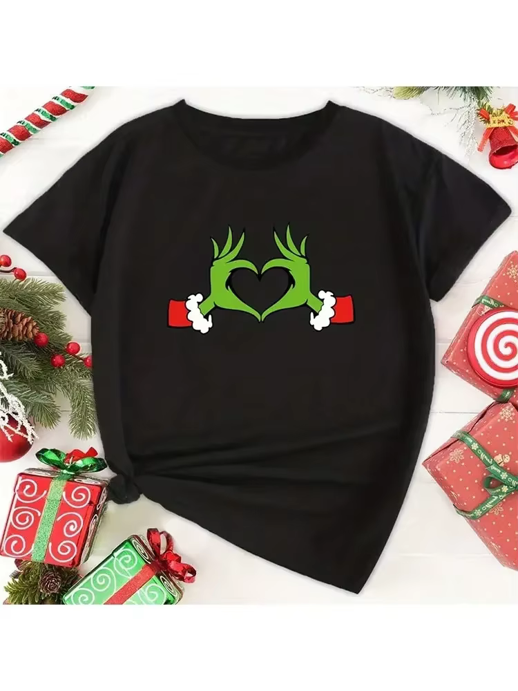 T-shirt de Noël décontracté pour femme, imprimé cœur et monstre, manches courtes, col rond, haut à l