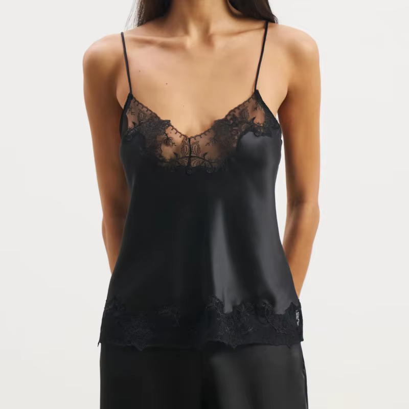 Débardeur Chic en Satin pour femmes, garniture en dentelle, col en V, soie, sans manches, bretelles 