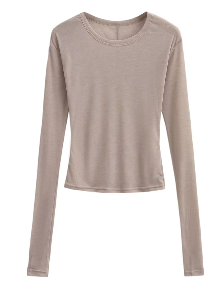T-shirt semi-transparent ajusté à col rond pour femme, manches longues
