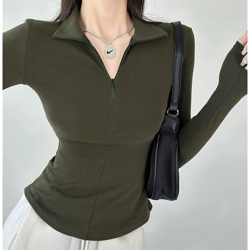 Fermeture éclair col Polo t-shirt pour femmes plaine mince printemps automne coréen vêtements femme