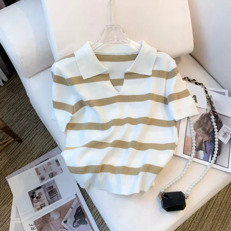 Nouveau pull à col rayé 2026 – Haut court tricoté polyvalent à manches courtes pour femme, idéal pri