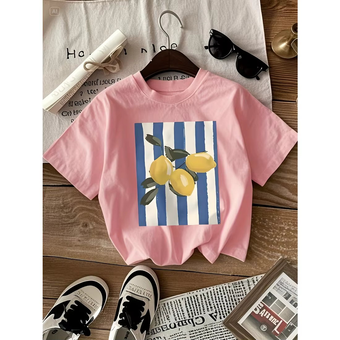 T-shirt à col rond pour enfants, tendance, ample, doux, confortable, léger, respirant, motif citron 