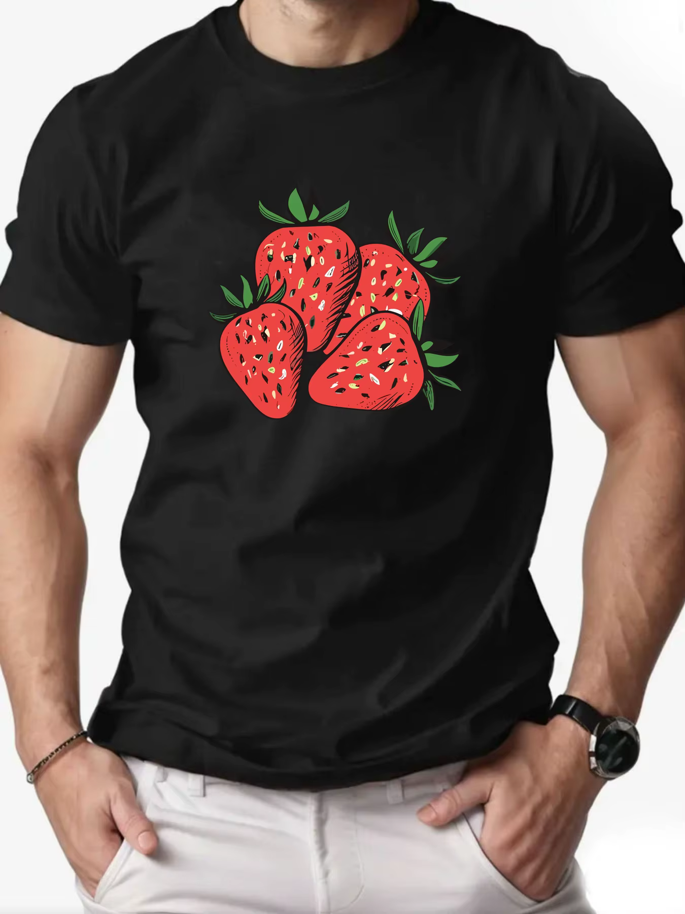 T-shirt col rond pour hommes, motif d'été imprimé fraise, mode loisirs sport, vêtements de haute qua