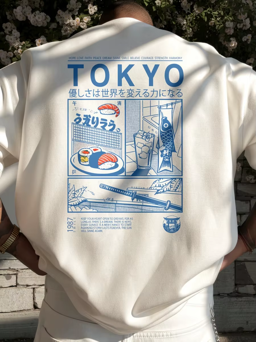 T-shirt japonais Tokyo 100% coton pour hommes, T-shirt rétro à motif Anime Samurai Sushi, Style de r