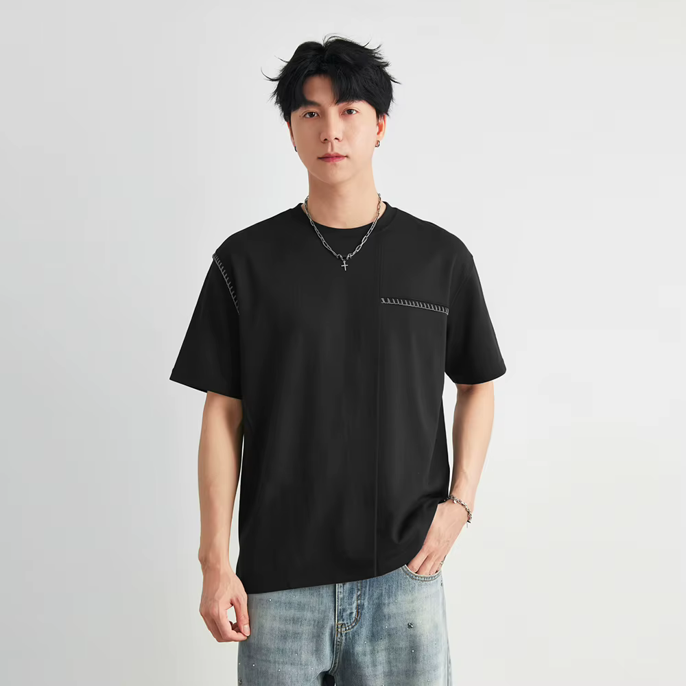 T-shirt Homme Tendance à Manches Courtes avec Détails de Couture, Col Rond, Coupe Ample et Épaules T