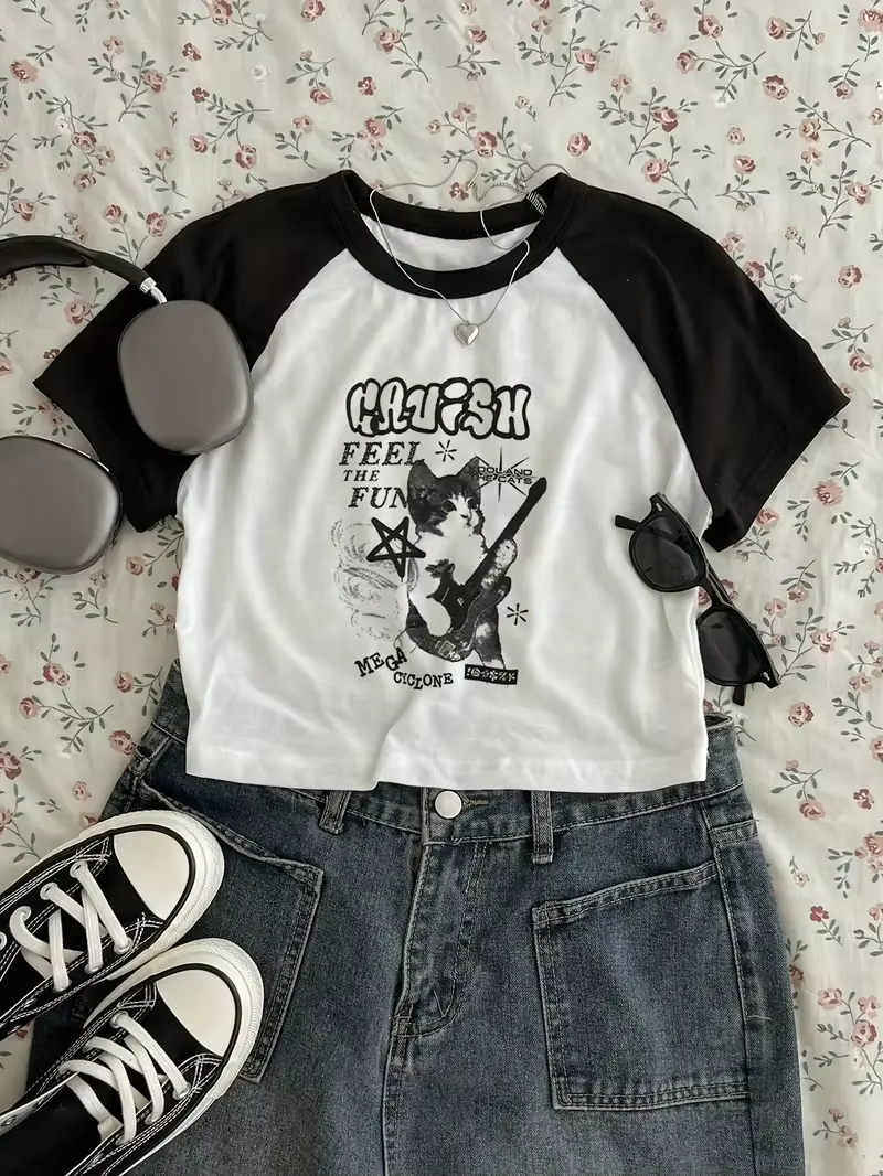 Sexy recadrée guitare musique CatT chemise imprimé haut court à manches courtes col rond T-shirt pou