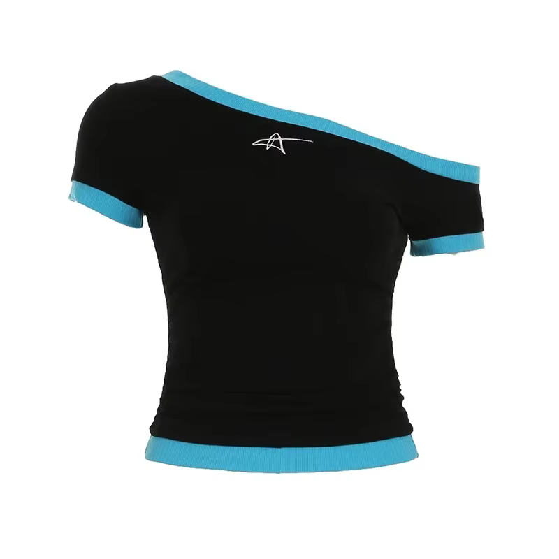 T-shirt asymétrique à manches courtes pour femmes, couleur contrastée, broderie, Slim, mode coréenne