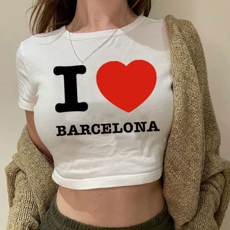 J'aime Barcelone femmes T-Shirt été Harajuku haut court Sexy vêtements de fête col rond recadrée nom