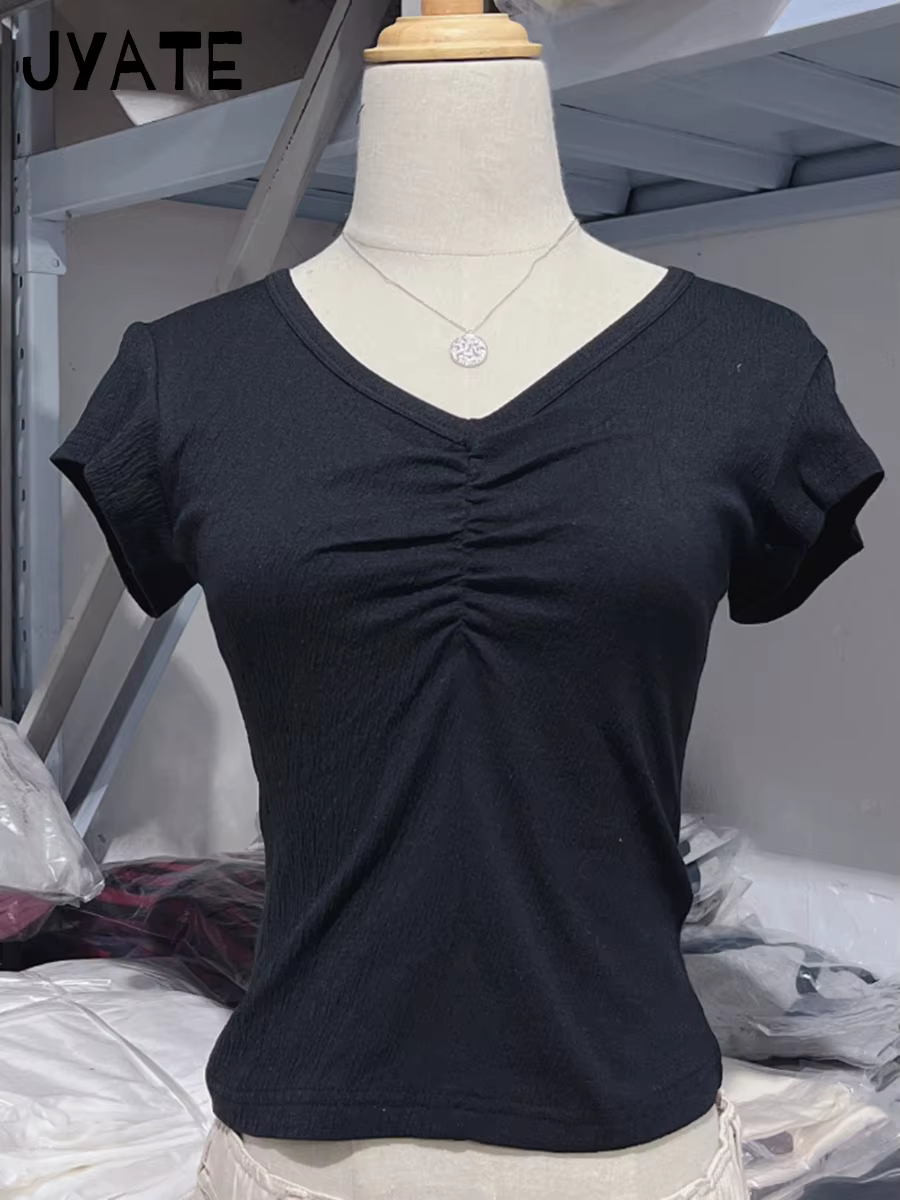 Blanc plis col en v cordon mince T-shirts femmes été nouveau coton décontracté à manches courtes T-s