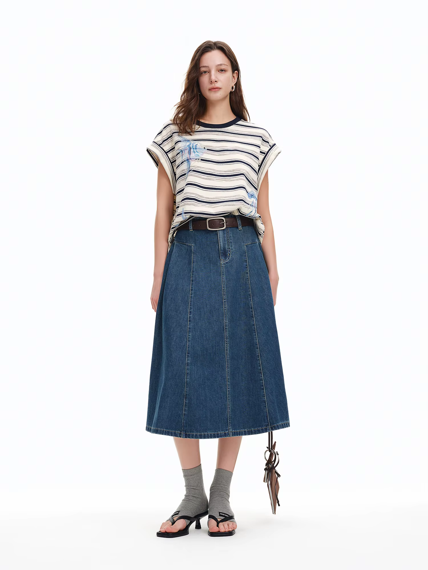 T-shirt DUSHU à manches raglan rayées imprimé océan et strass, col rond, coupe ample et confortable,