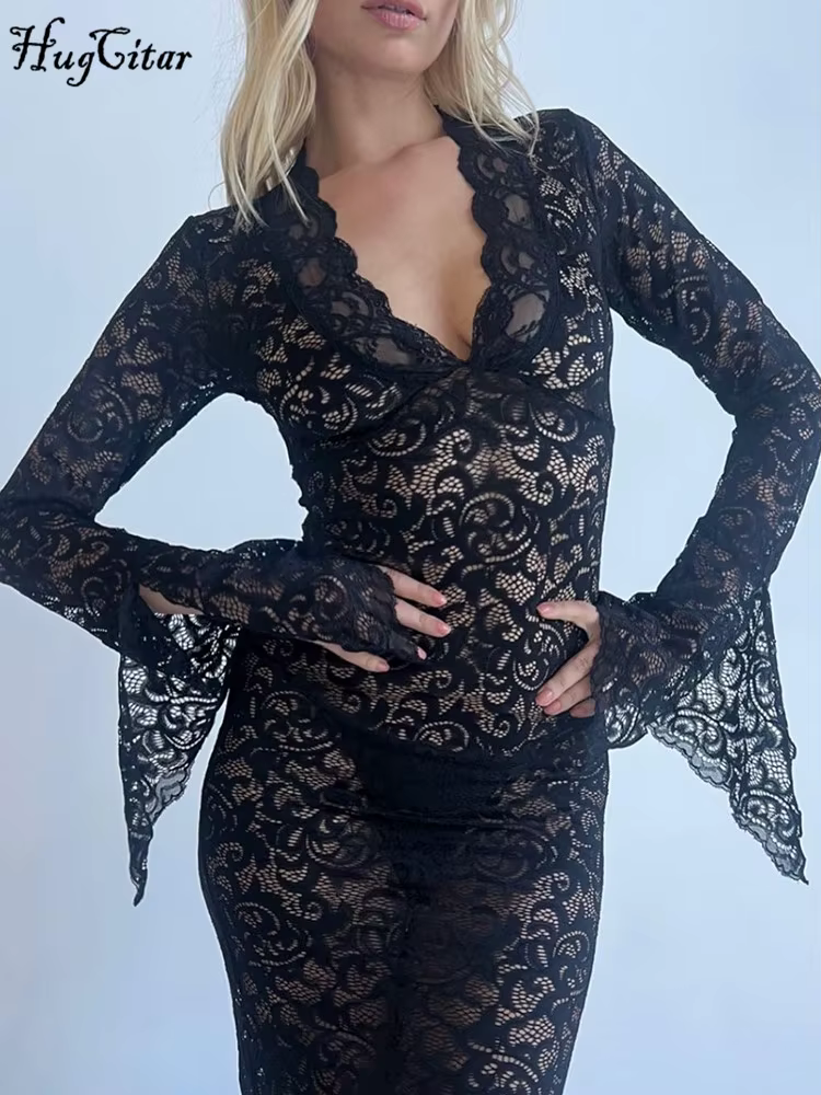 Hugcitar maille imprimé fleuri col en V manches longues évasées Sexy voir à travers Maxi robe printe