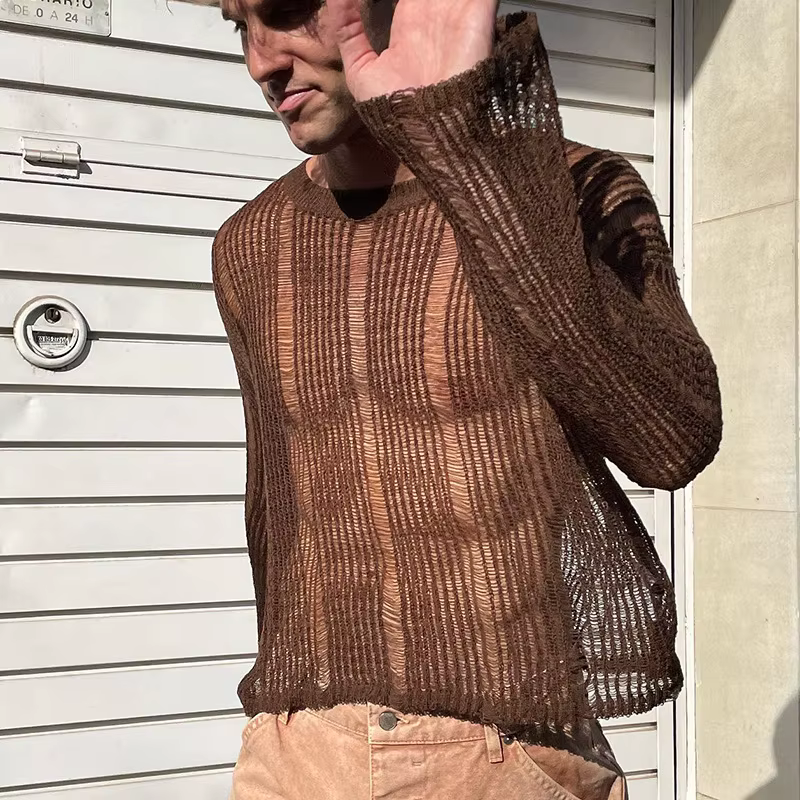 Hommes t-shirts nouvelle mode tissé couleur unie haut en maille tricot chemise mince à manches longu