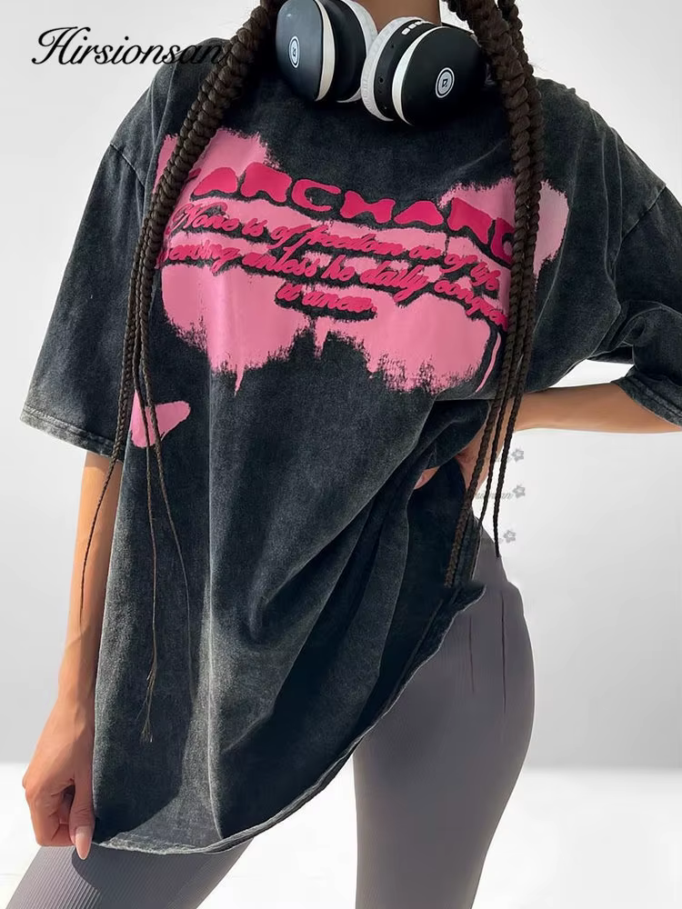 Hirsionsan-T-shirt Délavé à l'Acide pour Femme, Streetwear Imprimé Vintage, Marque de Luxe, Y2k